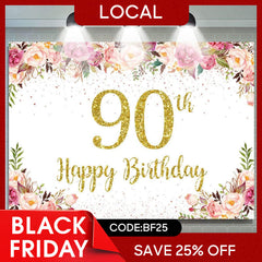 Aperturee - (7 Day Delivery) Aperturee Gold Dots Pink Floral 90th Birthday Backdrop