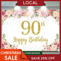 Aperturee - (7 Day Delivery) Aperturee Gold Dots Pink Floral 90th Birthday Backdrop