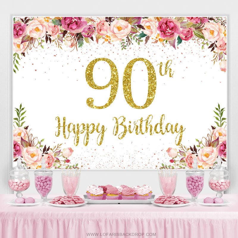 Aperturee - (7 Day Delivery) Aperturee Gold Dots Pink Floral 90th Birthday Backdrop