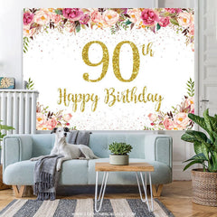 Aperturee - (7 Day Delivery) Aperturee Gold Dots Pink Floral 90th Birthday Backdrop