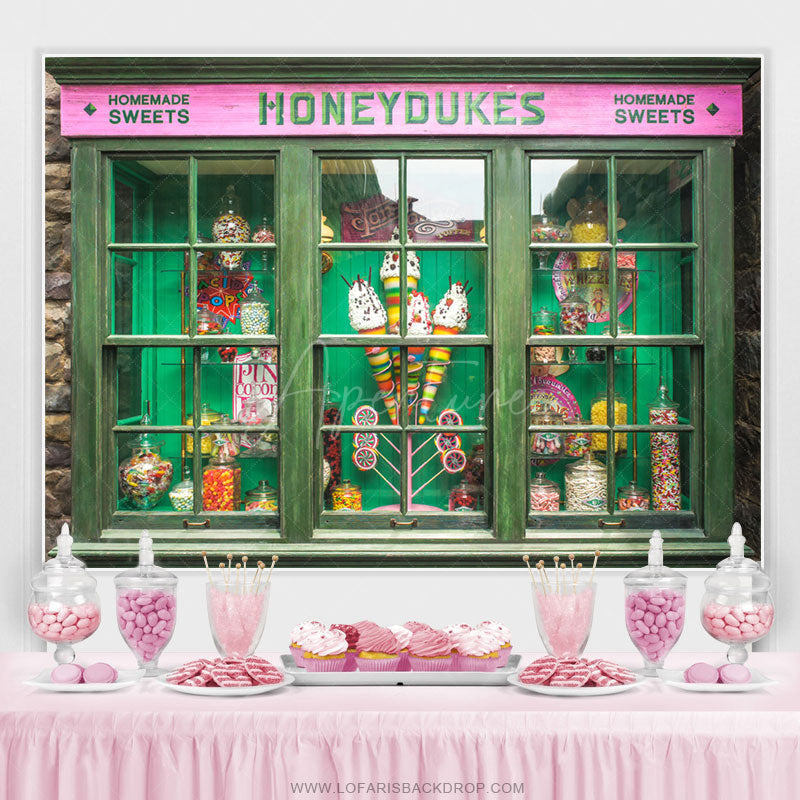 Aperturee - (7 Day Delivery) Aperturee Green Candyland Shop Honeydukes Birthday Backdrop