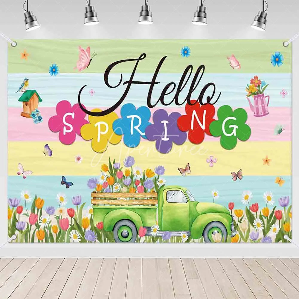 Aperturee - (7 Day Delivery) Aperturee Hello Spring Backdrop Green Truck with Colorful Tulips and Butterfly Background Seasonal Garden