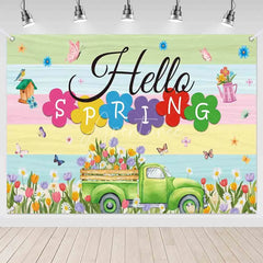 Aperturee - (7 Day Delivery) Aperturee Hello Spring Backdrop Green Truck with Colorful Tulips and Butterfly Background Seasonal Garden