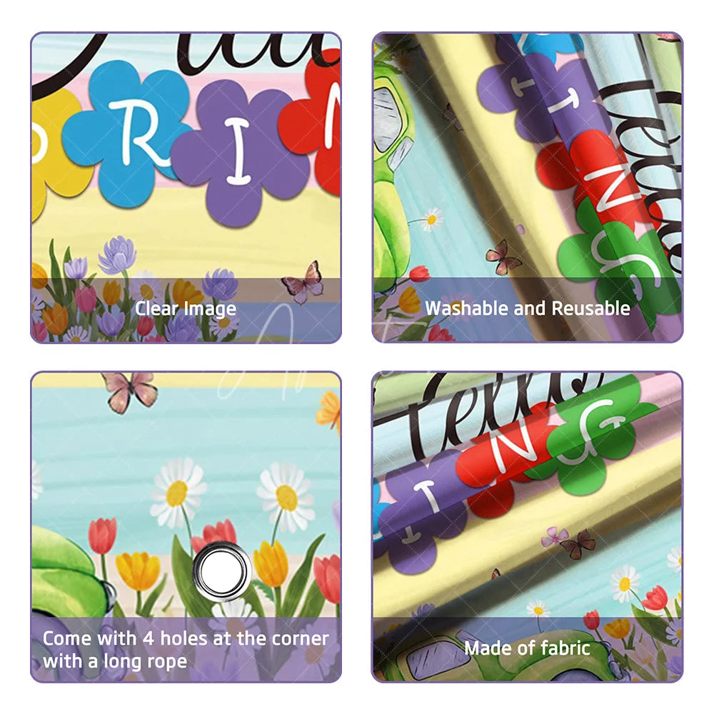 Aperturee - (7 Day Delivery) Aperturee Hello Spring Backdrop Green Truck with Colorful Tulips and Butterfly Background Seasonal Garden