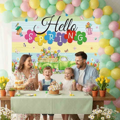 Aperturee - (7 Day Delivery) Aperturee Hello Spring Backdrop Green Truck with Colorful Tulips and Butterfly Background Seasonal Garden