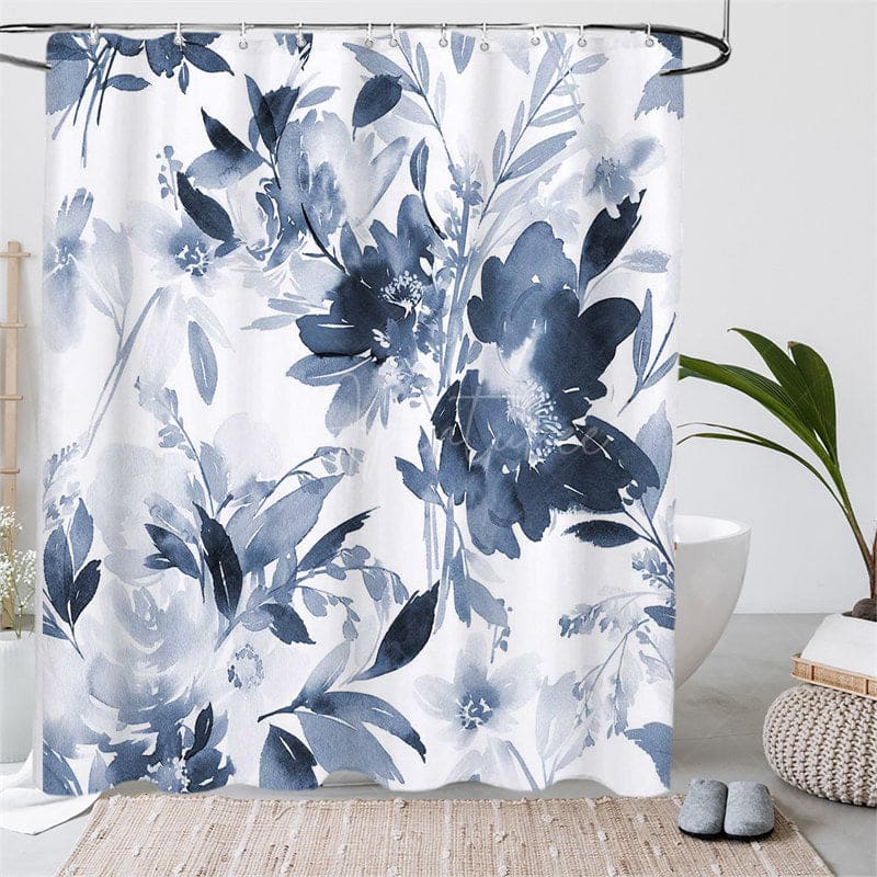 Aperturee - (7 Day Delivery) Aperturee Ink Painted Blue Floral Shower Curtain Kit