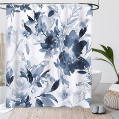 Aperturee - (7 Day Delivery) Aperturee Ink Painted Blue Floral Shower Curtain Kit