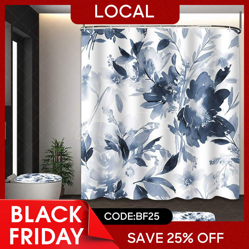 Aperturee - (7 Day Delivery) Aperturee Ink Painted Blue Floral Shower Curtain Kit
