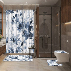 Aperturee - (7 Day Delivery) Aperturee Ink Painted Blue Floral Shower Curtain Kit