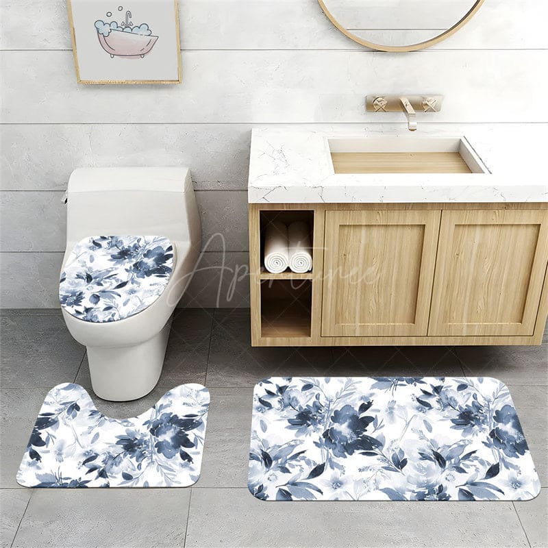 Aperturee - (7 Day Delivery) Aperturee Ink Painted Blue Floral Shower Curtain Kit