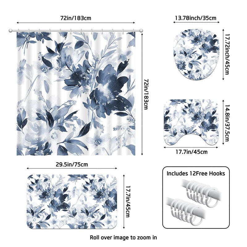 Aperturee - (7 Day Delivery) Aperturee Ink Painted Blue Floral Shower Curtain Kit