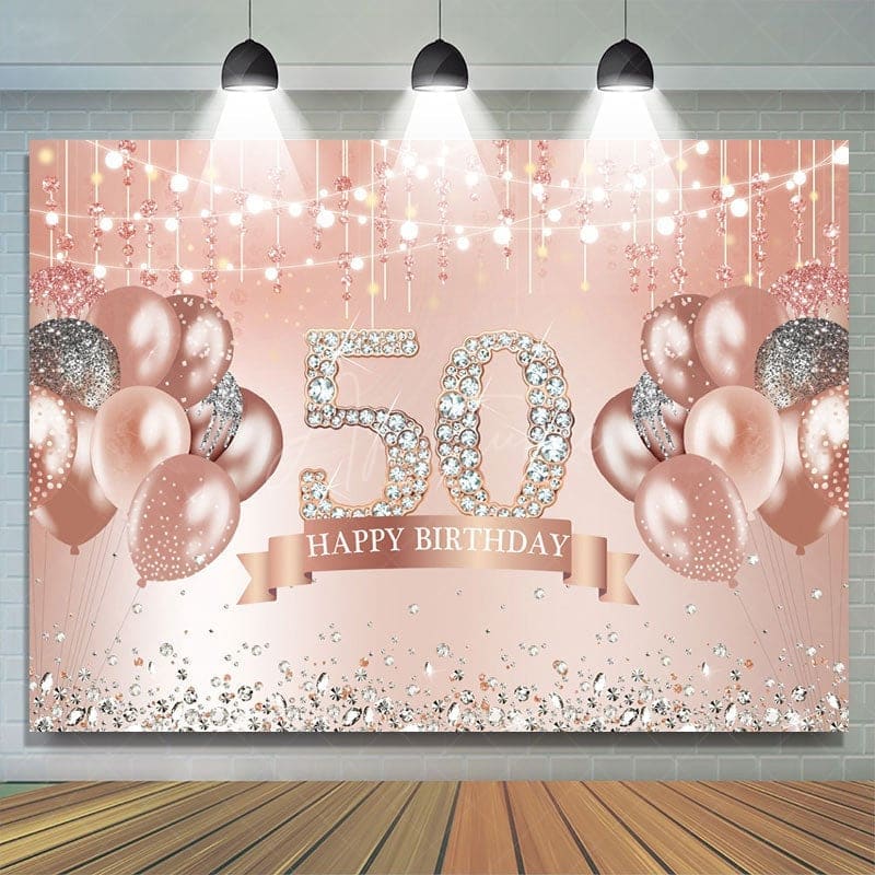 Aperturee - (7 Day Delivery) Aperturee Rose Gold 50th Birthday Glitter Diamonds Backdrop