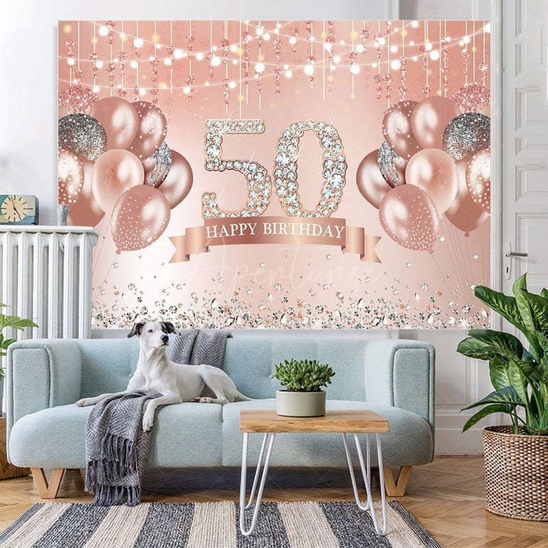 Aperturee - (7 Day Delivery) Aperturee Rose Gold 50th Birthday Glitter Diamonds Backdrop