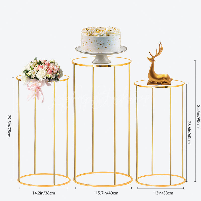 Aperturee 3pcs Cake Display Cylinder Stand Gold Metal Pedestals Plinths