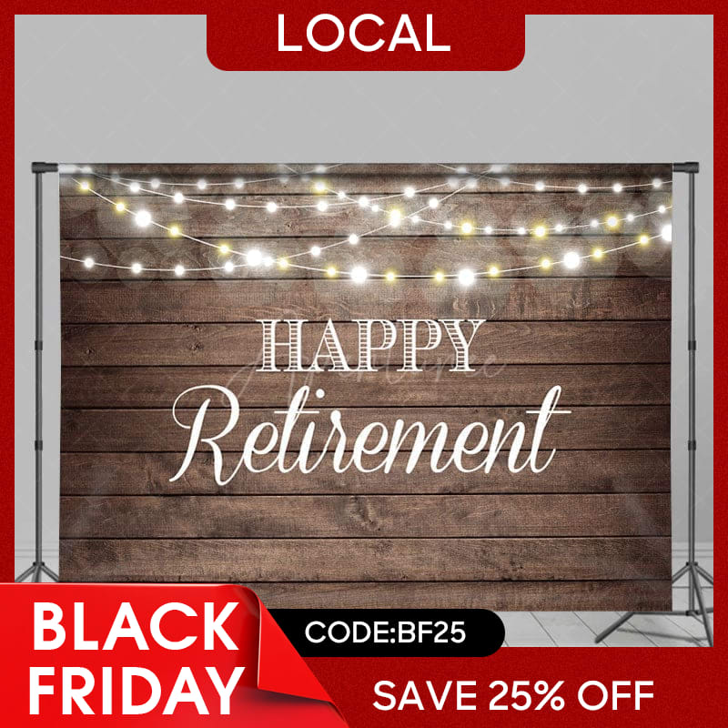 Aperturee - (7 Day Delivery) Aperturee Shinning Lights Wooden Happy Retirement Backdrop