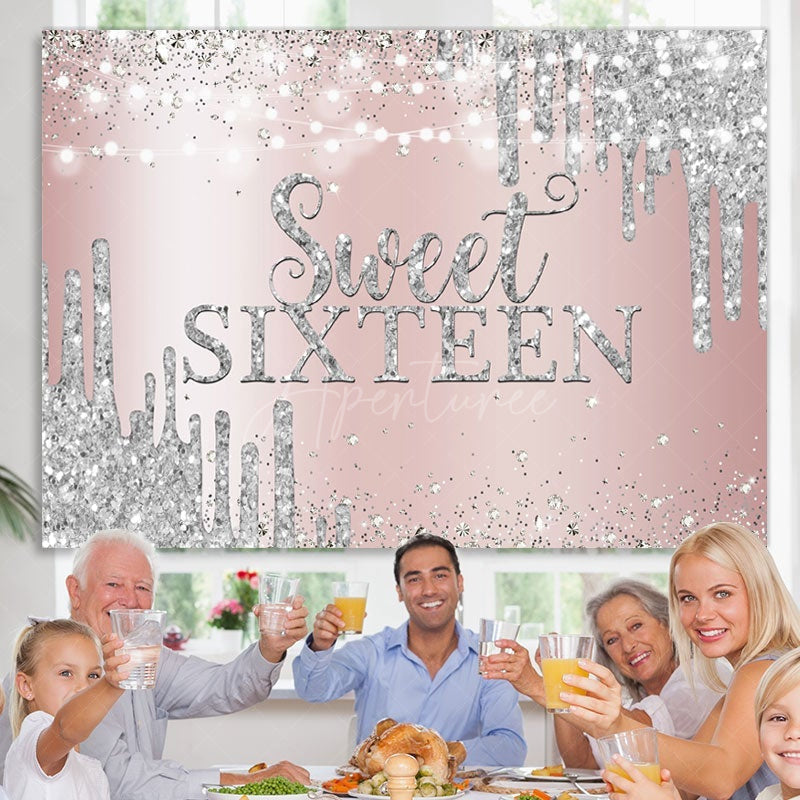 Aperturee - (7 Day Delivery) Aperturee Sweet Sixteen Rose Gold Silver Birthday Backdrop
