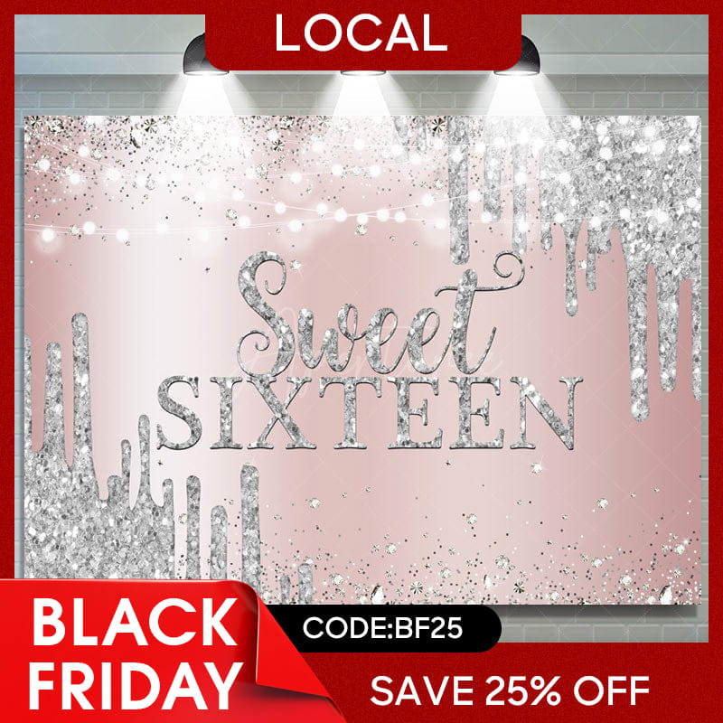 Aperturee - (7 Day Delivery) Aperturee Sweet Sixteen Rose Gold Silver Birthday Backdrop