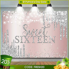 Aperturee - (7 Day Delivery) Aperturee Sweet Sixteen Rose Gold Silver Birthday Backdrop