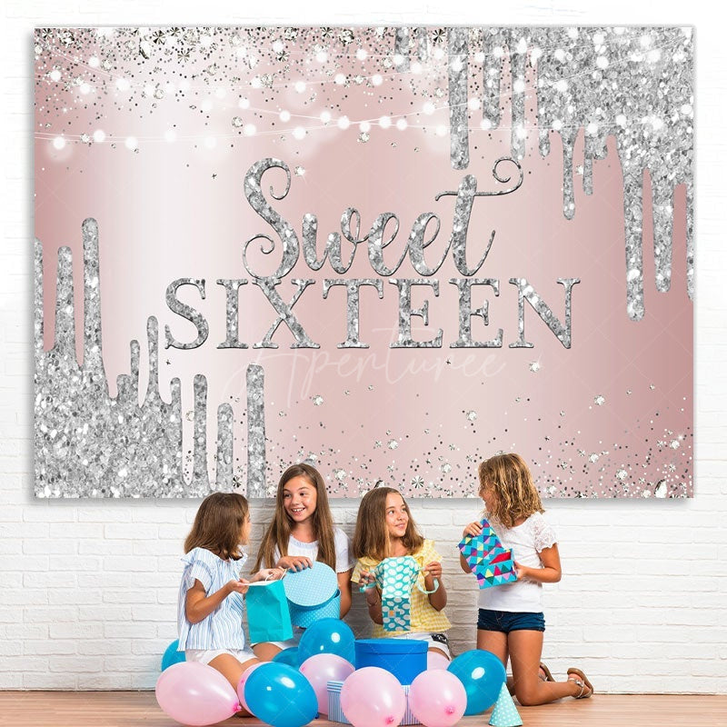 Aperturee - (7 Day Delivery) Aperturee Sweet Sixteen Rose Gold Silver Birthday Backdrop