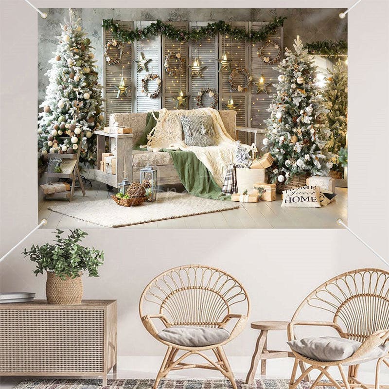 Aperturee - (7 Day Delivery) Aperturee Warm Room Sofa Xmas Trees Christmas Backdrop