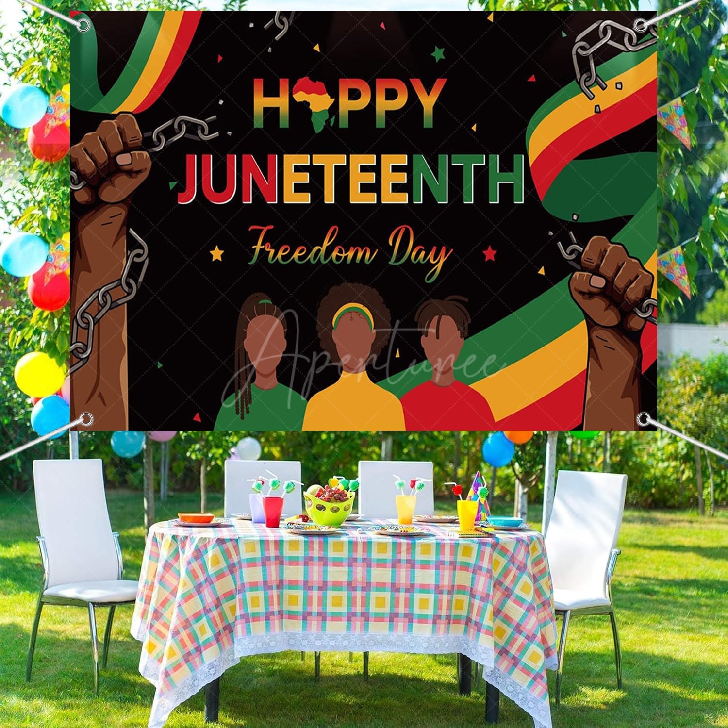 Aperturee - (7 Day Delivery) Aperturee Black Freedom Day Happy Juneteenth Party Backdrop