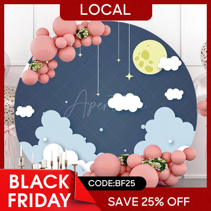 Aperturee - (7 Days Delivery) Cloud And Moonnight Simple Round Baby Shower Backdrop