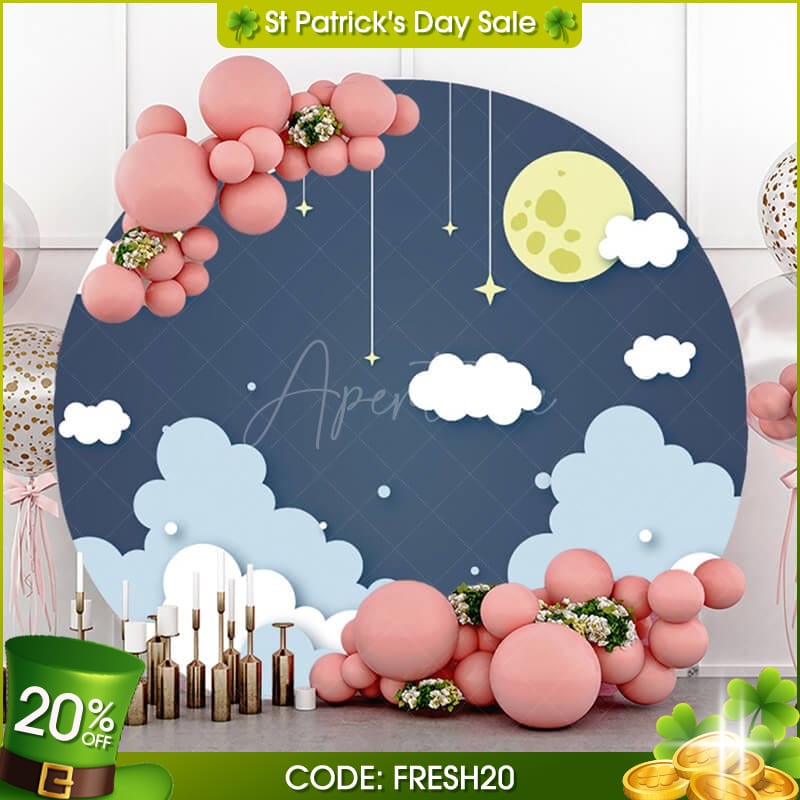 Aperturee - (7 Days Delivery) Cloud And Moonnight Simple Round Baby Shower Backdrop