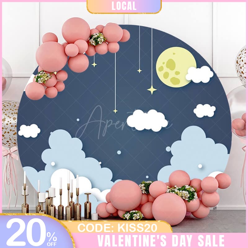Aperturee - (7 Days Delivery) Cloud And Moonnight Simple Round Baby Shower Backdrop