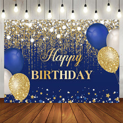 Aperturee - 7X5FT Blue and Gold Balloons Glitter Birthday Backdrop