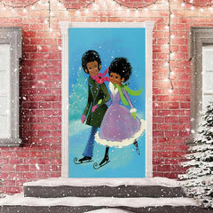 Aperturee - A Couple Skating Blue Snowy Christmas Door Cover