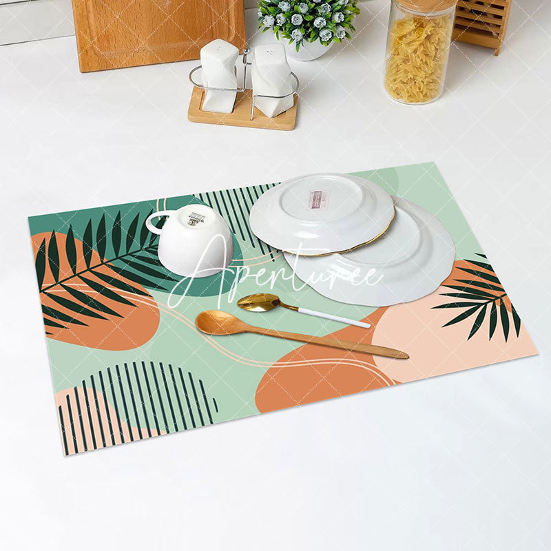 Aperturee - Abstract Green Leaf Lines Orange Set Of 4 Placemats