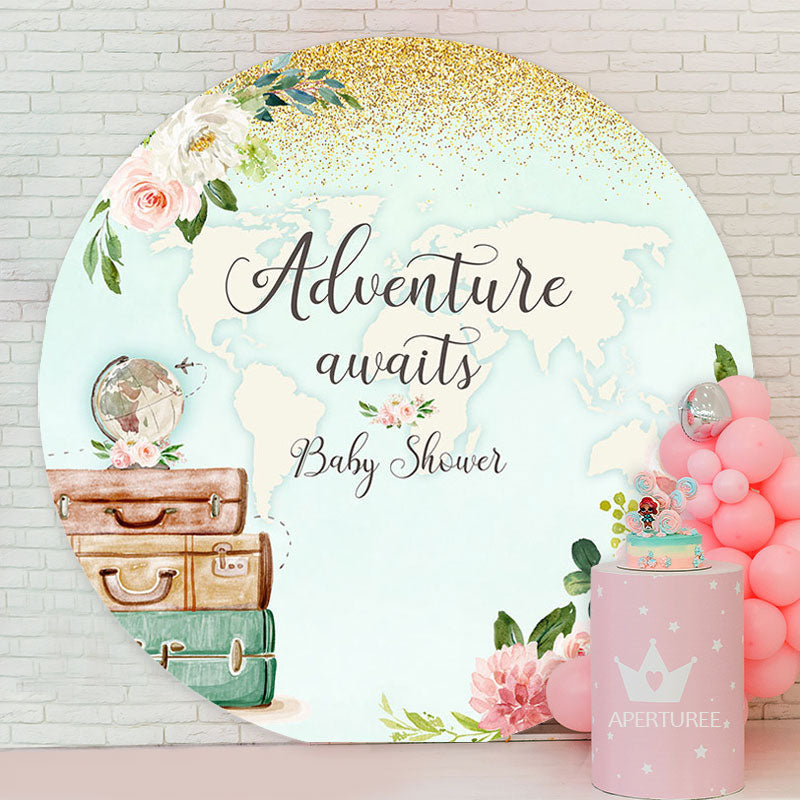 Aperturee - Adventure Awaits Map Floral Baby Shower Backdrop