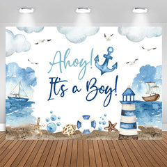Aperturee - Ahoy Its A Boy Navy Anchor Theme Baby Shower Backdrop