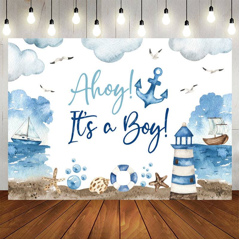 Aperturee - Ahoy Its A Boy Navy Anchor Theme Baby Shower Backdrop
