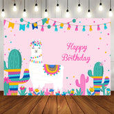 Aperturee - Alpaca And Cactus Girls Pink Happy Birthday Backdrop