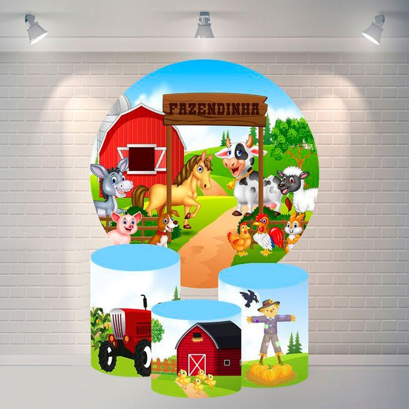 Aperturee Animals And Red House Circle Happy Birthday Backdrop