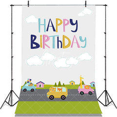Aperturee - Animals Driving Road Town Grey Sky Birthday Backdrop