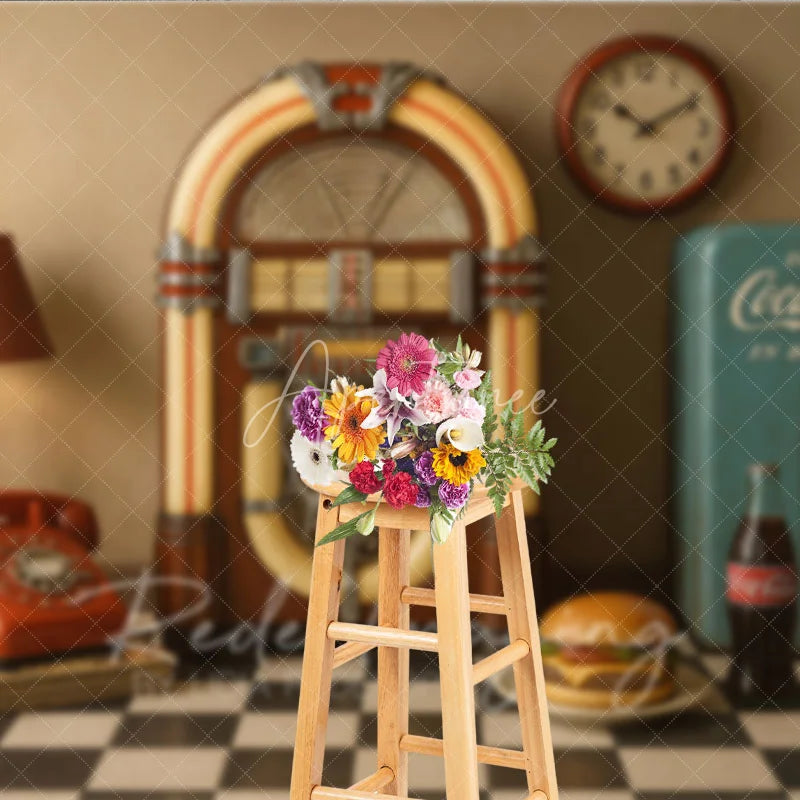 Aperturee - Aperturee 1950s Retro Diner Photography Backdrop Jukebox and Vintage Soda Machine Photo Background