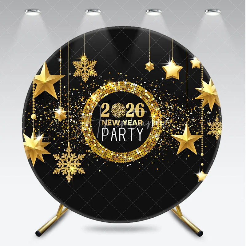 Aperturee - Aperturee 2026 New Year Party Round Backdrop Black and Gold with Hanging Stars Glitter and Snowflakes Holiday Decor