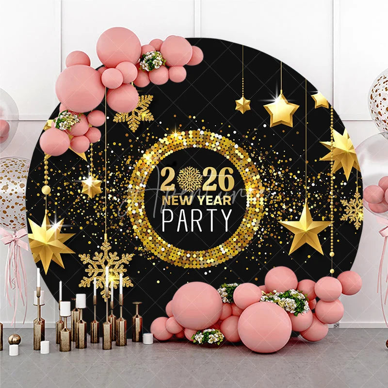 Aperturee - Aperturee 2026 New Year Party Round Backdrop Black and Gold with Hanging Stars Glitter and Snowflakes Holiday Decor