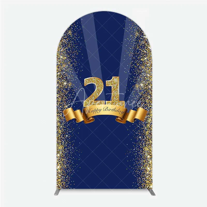 Aperturee - Aperturee 21st Happy Birthday Arch Backdrop Gold Glitter Number 21 on Navy Blue Background Cheers to 21 Years Party Decor