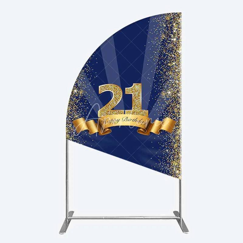 Aperturee - Aperturee 21st Happy Birthday Half Moon Arch Backdrop Gold Glitter Number 21 on Navy Blue Background Cheers to 21 Years Party