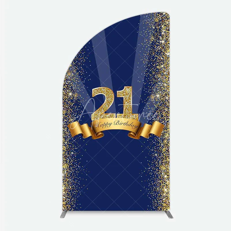 Aperturee - Aperturee 21st Happy Birthday Half Moon Arch Backdrop Gold Glitter Number 21 on Navy Blue Background Cheers to 21 Years Party