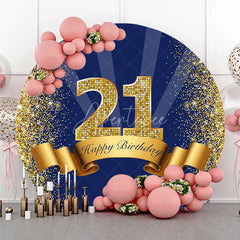 Aperturee - Aperturee 21st Happy Birthday Round Backdrop Gold Glitter Number 21 on Navy Blue Background Cheers to 21 Years Party Decor