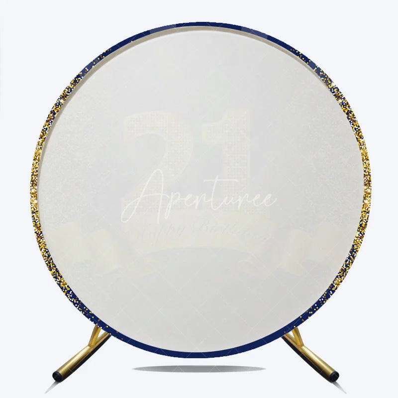 Aperturee - Aperturee 21st Happy Birthday Round Backdrop Gold Glitter Number 21 on Navy Blue Background Cheers to 21 Years Party Decor