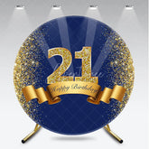 Aperturee - Aperturee 21st Happy Birthday Round Backdrop Gold Glitter Number 21 on Navy Blue Background Cheers to 21 Years Party Decor