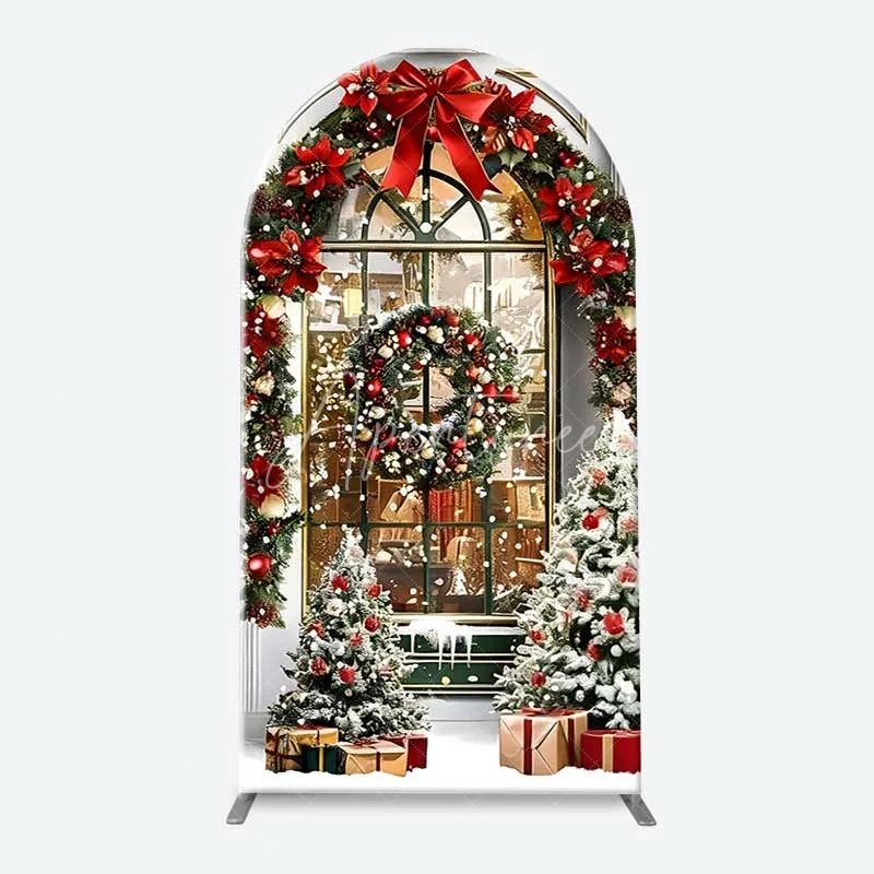Aperturee - Aperturee 3-Piece Arch Backdrop Set Christmas Storefront Window Green Shop Red Bow Wreath Chiara Wall Cover Holiday Decor