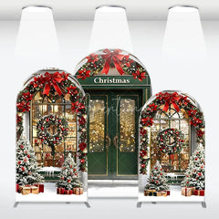 Aperturee - Aperturee 3-Piece Arch Backdrop Set Christmas Storefront Window Green Shop Red Bow Wreath Chiara Wall Cover Holiday Decor