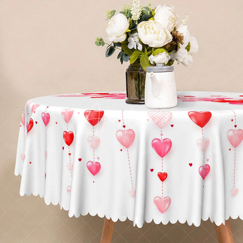 Aperturee - Aperturee 3D Hanging Red Hearts Round Tablecloth Romantic Love Pattern Table Cover Anniversary Wedding Party Decor