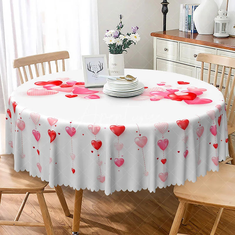 Aperturee - Aperturee 3D Hanging Red Hearts Round Tablecloth Romantic Love Pattern Table Cover Anniversary Wedding Party Decor